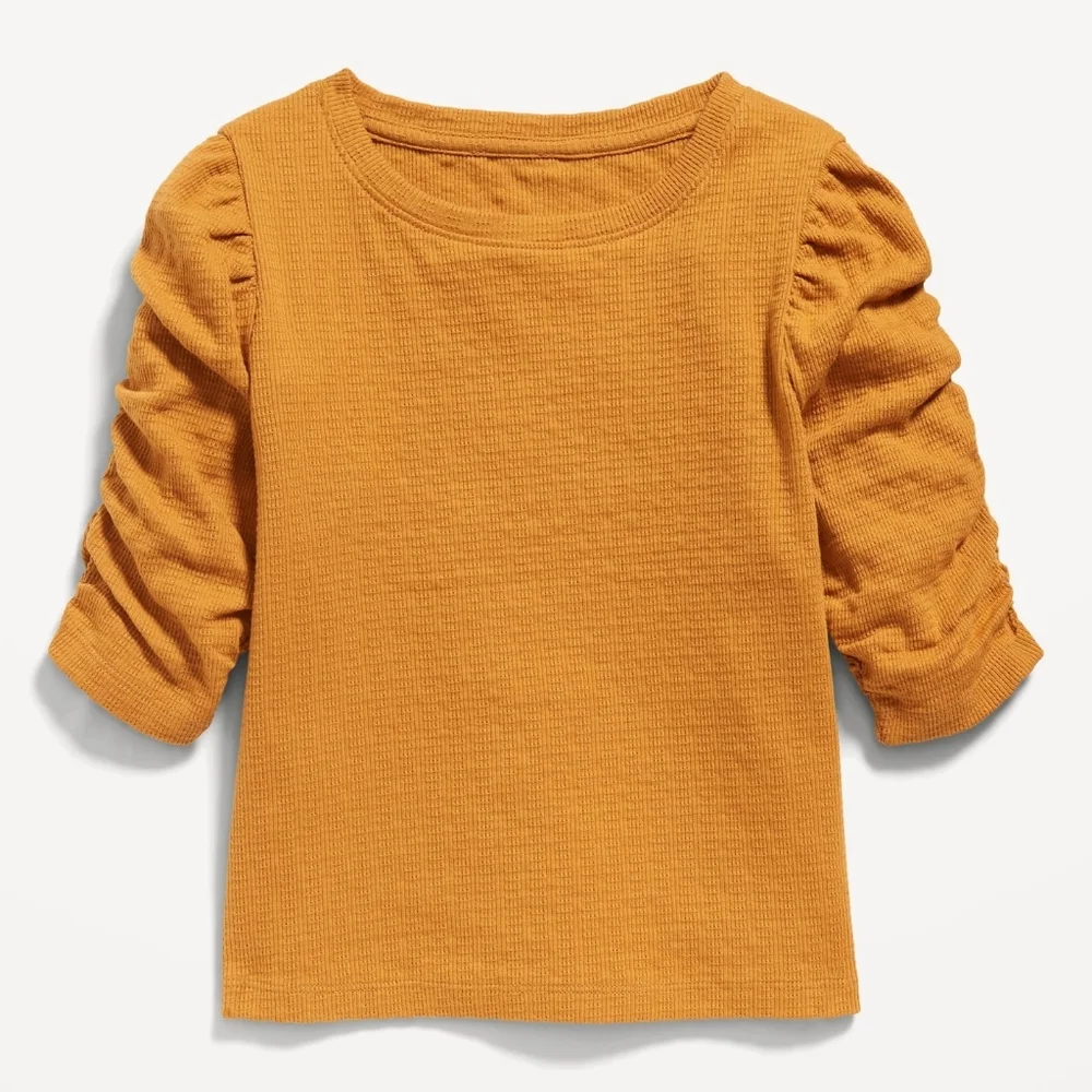 Old Navy Mustard Yellow Ruched 3/4 Puff-Sleeve Textured-Knit Top- M (8) - Picture 2 of 6